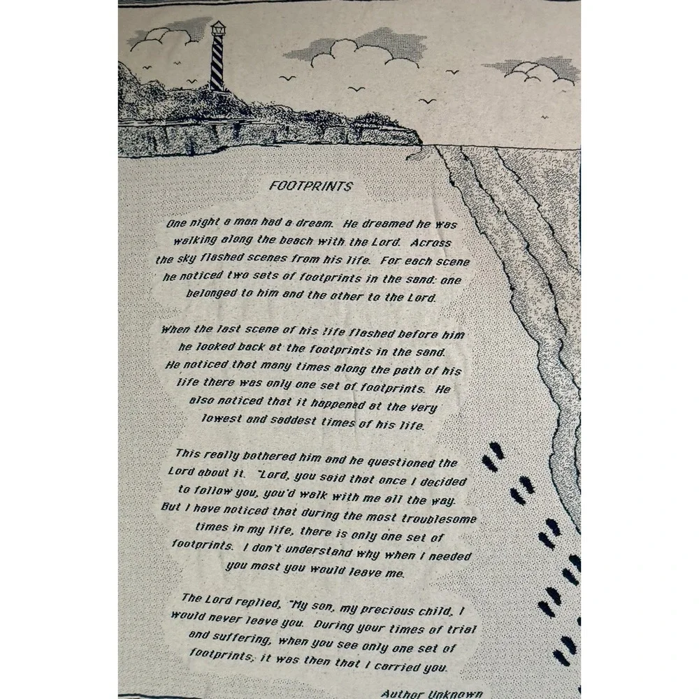 Vintage Tapestry Woven Throw Blanket Footprints In The Sand Lighthouse 66 X 46